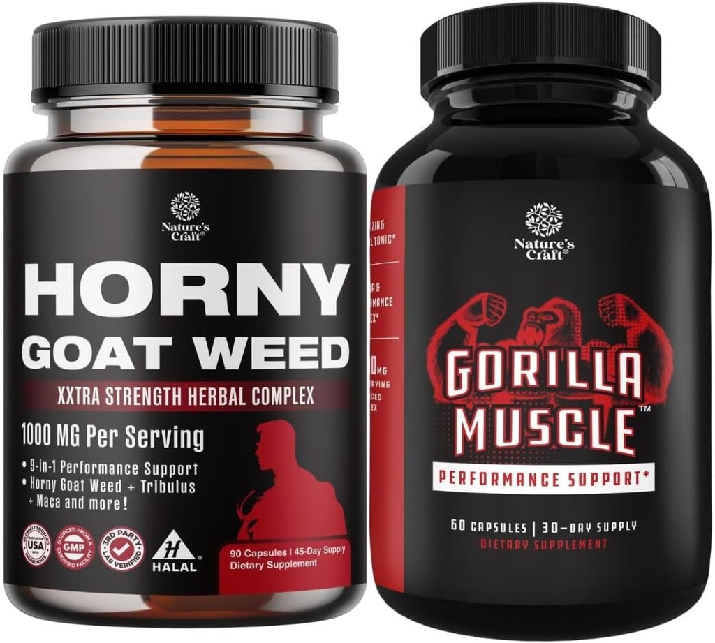 Bundle of Horny Goat Weed for Male Enhancement - Extra Strength Horny Goat Weed for Men and Extra Strength Testosterone Booster for Men - Natural Testosterone Supplement