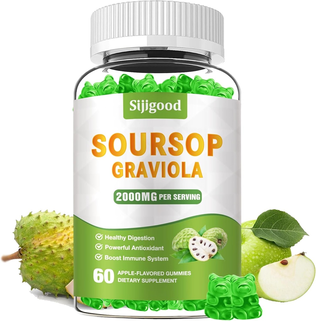 Bezcukrová sourop Graviola Gummies - Organic Soursop Leaves & Fruit Extract - Tráviaca pomoc, Immune Support & Antioxidant Vlastnosti - 60 Apple Ochutené Gummies