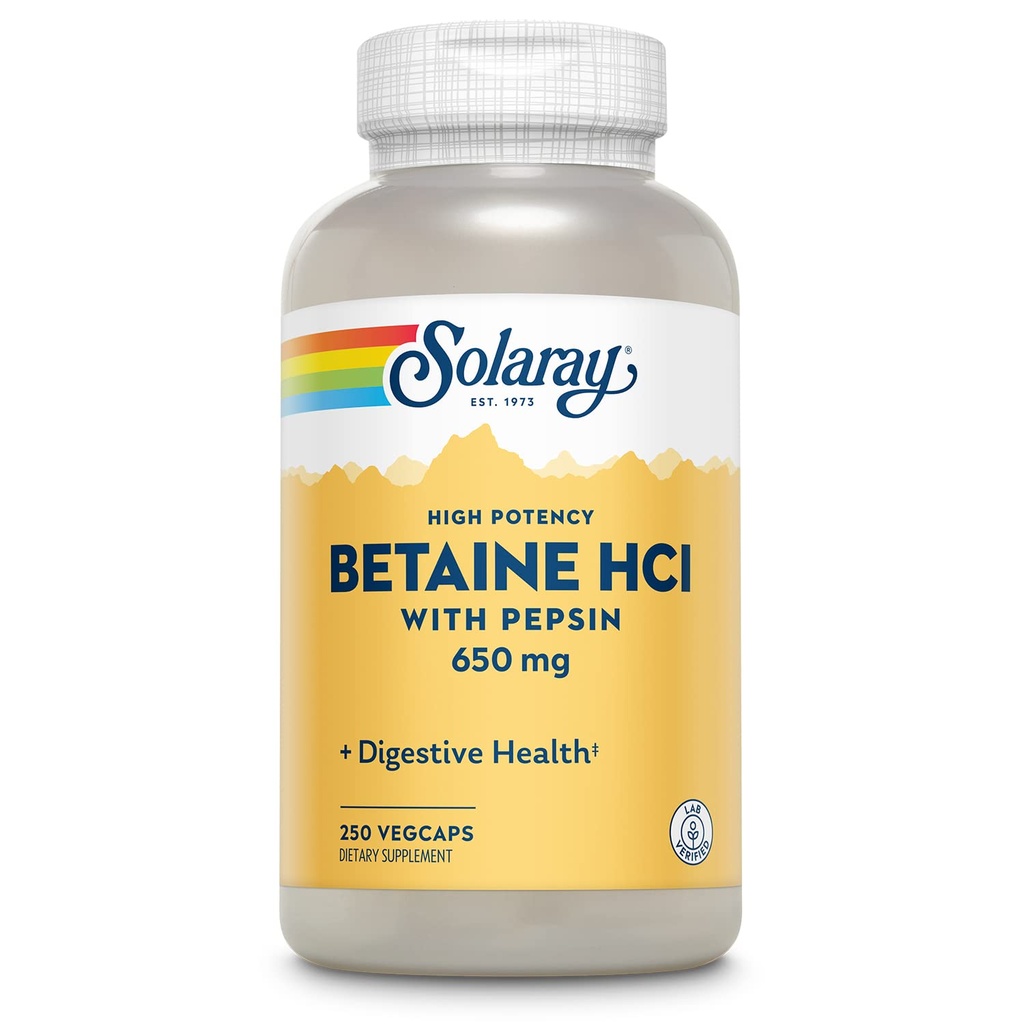 Solaray High Potency Betaine HCL s Pepsinom - Doplnkom kyseliny chlorovodíkovej pre tráviace zdravie - s betaínom hydrochloridom a tráviacimi enzýmami - Podpora zdravia Gut - 60-dňová záruka, 250 VegCaps