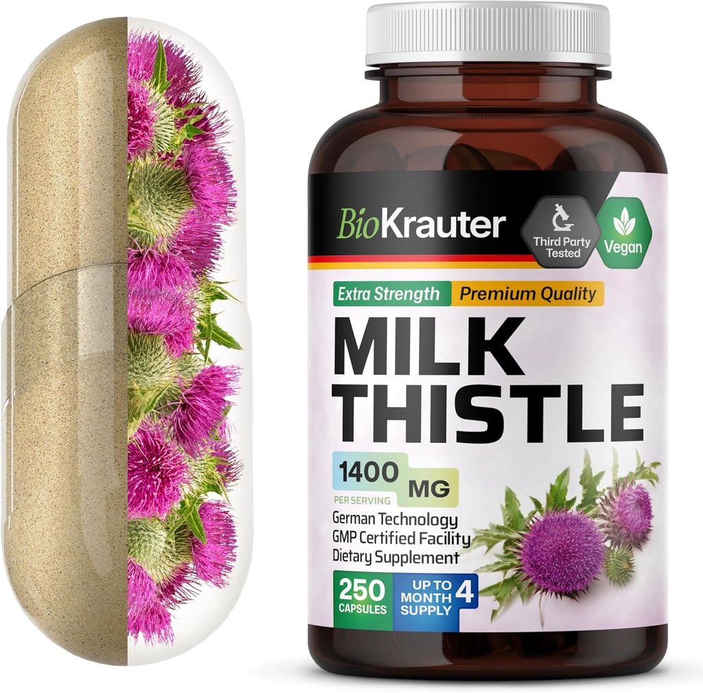 BIO KRAUTER Milk Thitle Kapsule 1400 mg - 250 Gróf - Liver Detox & Clearse Supplement - Vegan Silymarin Kapsule - Milk Thitle Powder - Non GMO