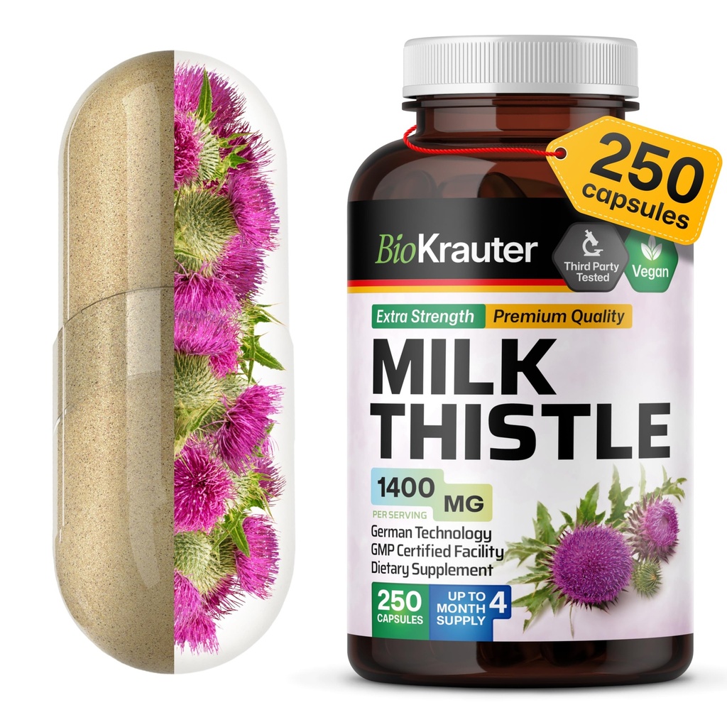 BIO KRAUTER® Milk Thitle Supplement for Liver Cleans & Detox - Pure Vegan Milk Thitle Extract 1400 mg per Serving Commontains Silymarin - 250 Kapsule, 125 Days of Supply, non-GMO