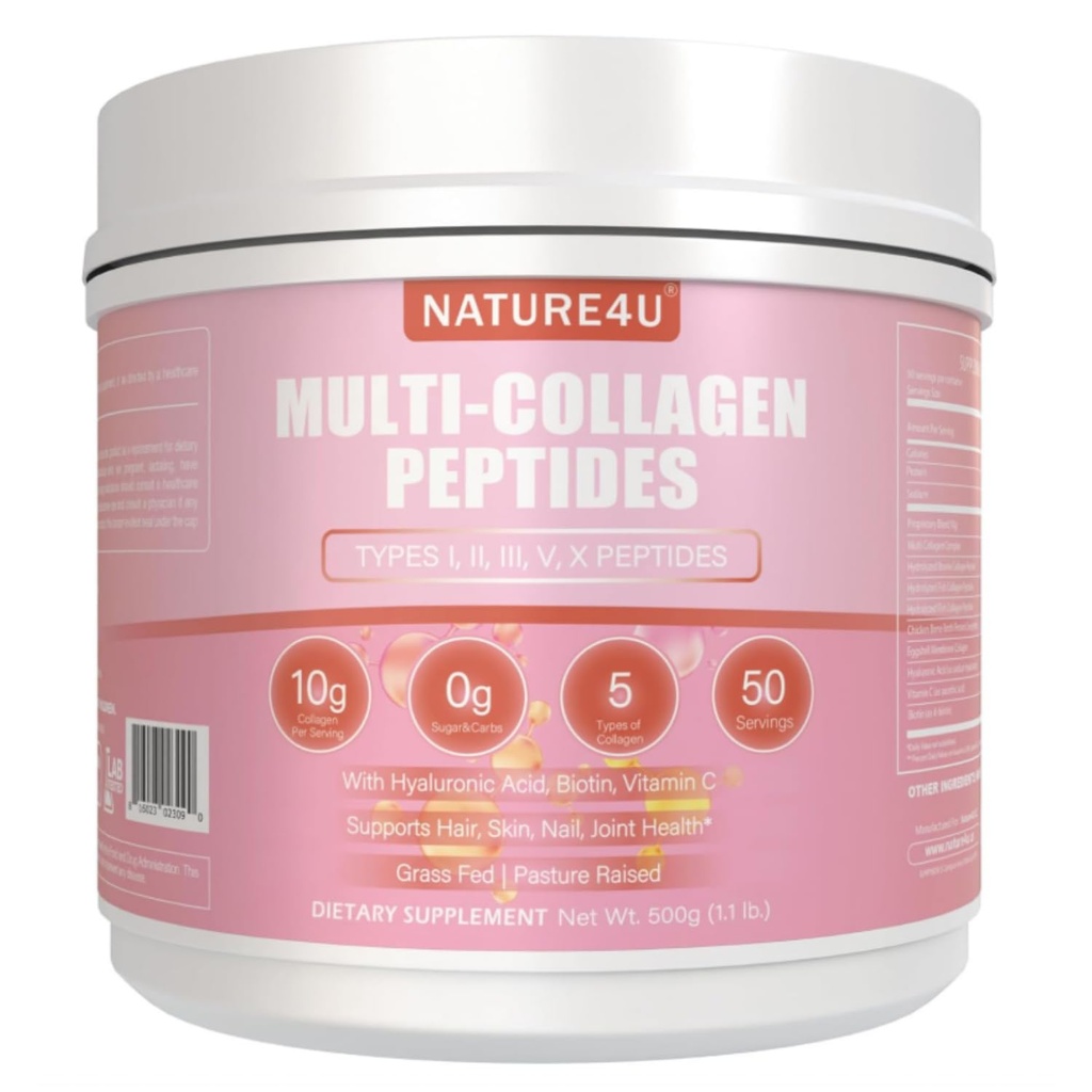 Multi Collagen Peptides Powder 10g - Type I, II, III, V, X Hydrolyzed Collagen Protein Powder with Biotin, Hyaluronic Acid, Vitamin C for Hair, Skin, Nails & Joint Support - Unflavored 1.1 lb