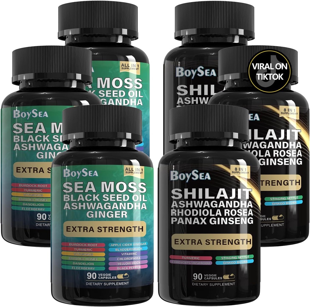 Boysea. Shilajit and Sea Moss Bundle- 90 Count - Morské machy, olej z čiernych semien, Ashwagandha, Ginger & Shilajit, Rhodiola Rosea, Všetko v 1 Doplnky (3 Pc)