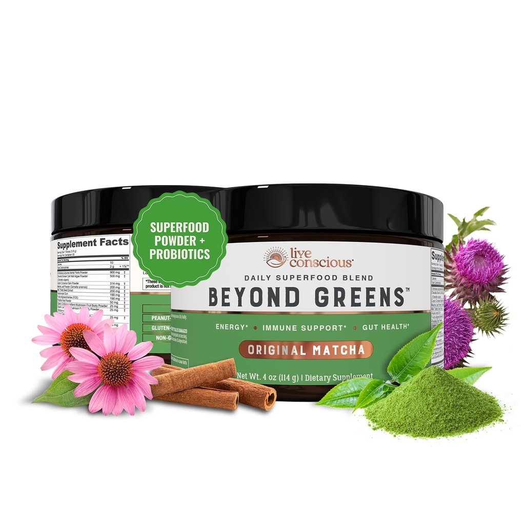 Živé Vedomé Beyond Greens Superfood Powder - Delicious Debloating Super Greens Powder - Matcha Greens Blend w/Chlorella, Echinacea, Probiotiká pre imunitnú podporu a energiu
