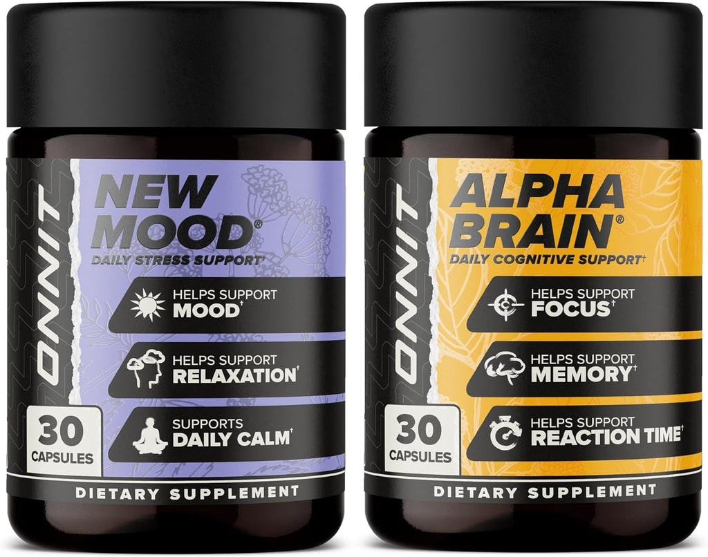 ONNIT Premium Alpha Brain Bundle - Nootropic Brain Supplement (30 gróf) pre zaostrenie, koncentrácia a pamäť + New Mood Supplement for Stres Relief, spánok a nálada (30 gróf)