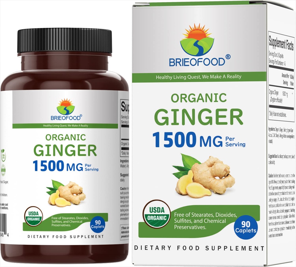 Brieofood Organic Ginger 1500mg, 45 Servings, Vegetarián, Gluten Free, 90 Vegetariánske tablety