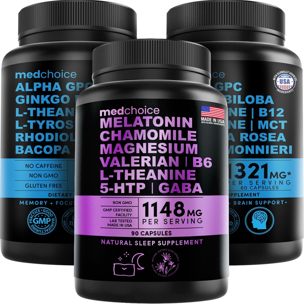 MEDCHOICE spánkový melatonín (90ct) a nootropný mozog (120ct) doplnok Bundle - Wellness Duo pre spánok, mozog, zameranie, a podpora nálady - Vegan, non-GMO, Gluten-free