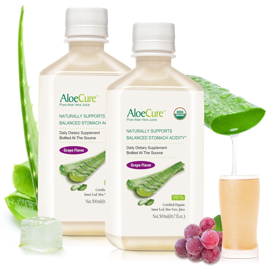 AloeCure USDA Organic Aloe Vera Juice Grape flavor, Made within 12 Hours of Harvest - Pure Aloe Vera Digestive & Immune Health Supplement, pomáha udržiavať vyváženú kyslosť žalúdka, 16,7oz x 2 Btls