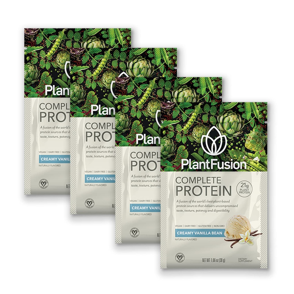 PlantFusion Complete Vegan Protein Powder Sample Packets - Plant Based Protein Powder Packets to-Go with BCAAs and Pea Protein - Keto, Gluten Free, Non-Dairy, No Sugar (Vanilla Pack of 4)