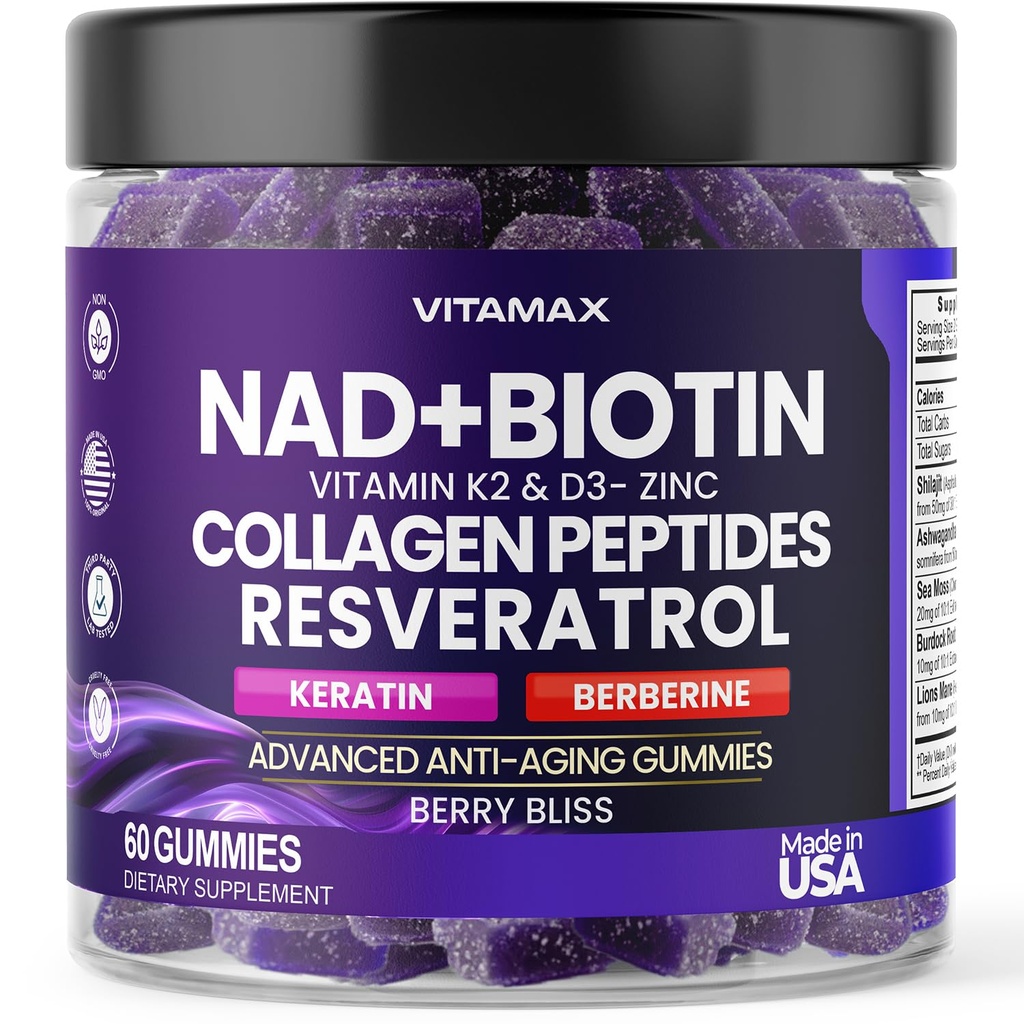 NAD+, Resveratrol, Berberine, & Biotin Anti-Aging Gummy - vlasy, koža, nechty a spoločné doplnky - Collagen Peptidy, Keratín, Zinok, Vitamín K2 & D3 Gummy -Regenerácia- non-GMO - Made in USA 60 Gróf