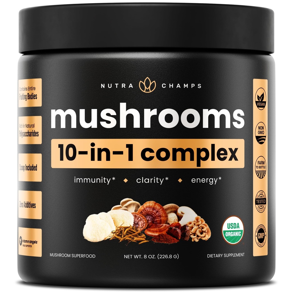 NutraChamps Organic Mushroom Powder - 10-in-1 Complex - Mushroom Supplement Powder Blend for Memory, Focus & Immune Support - 8oz (8.0 OZ, Mushrom Blend)