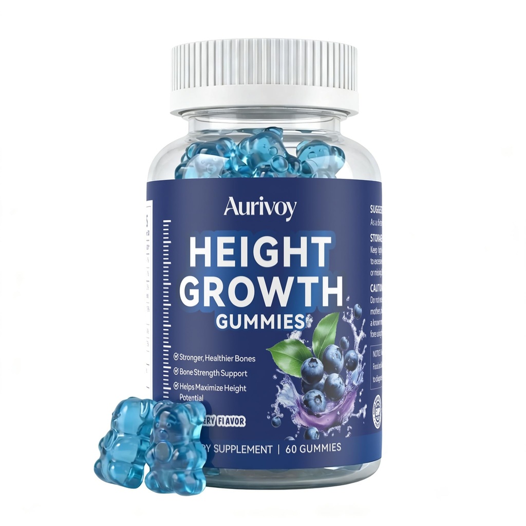 Growth Support Gummies for Teens and Kids, with Calcium, Magnesium, Zinc & Vitamin D3, Bone Strength Formula, Blueberry Flavor, Ages 5+, 60 PCS
