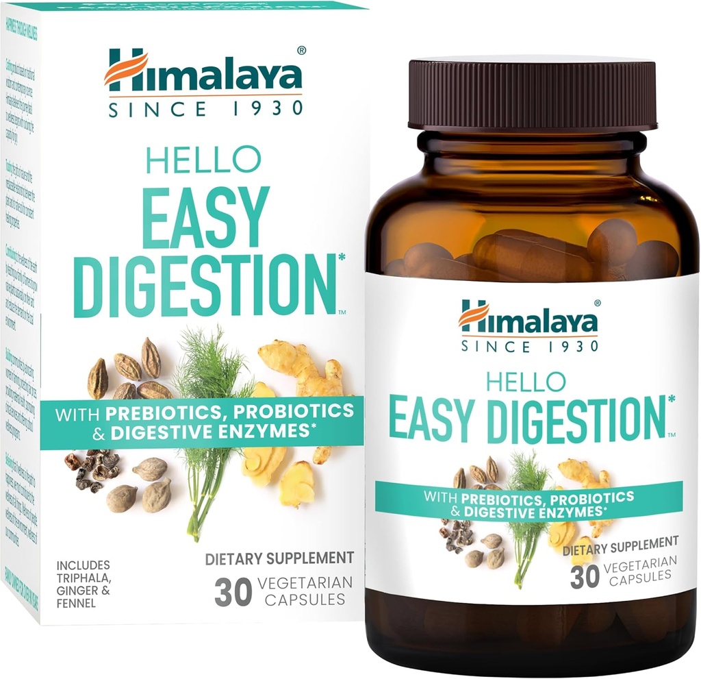 Himalája Hello Easy Trávenie, Tráviace enzýmy s 2 mld. CFU Probiotiká a prebiotiká, Plus 100 mg Bylinné trávenie Podpora s zázvorom, Fenikel a Triphala, 30 Vegetariánske kapsule