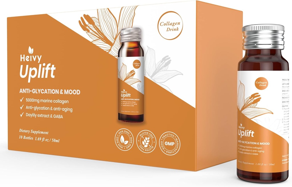 Heivy Liquid Collagen Supplement, Collagen Drink, Collagen Peptides, Age-Defying and Brighten up Your Day, Ageless Beauty, Hydrolyzed Collagen, s CoQ10, 1,69 fl.oz./Bottle (1 box,10 fliaš)