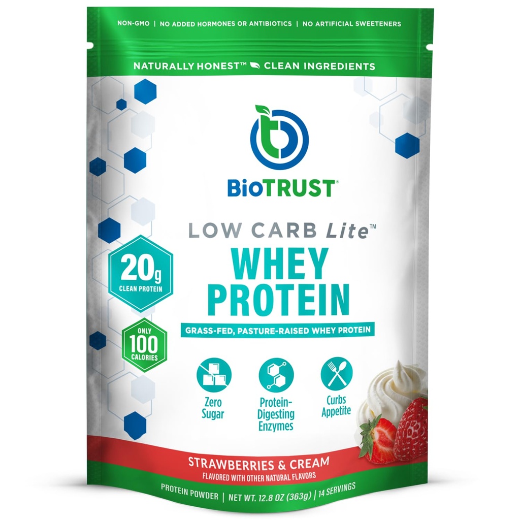 BioTrust Low Carb Lite, 20 Grams of Grass-Fed Whey Protein Isolát, 100 Kalórie, ProHydrolase Digestive Enzymes, Non-GMO, bez sóje a lepidla, rBGH-free (14 servings) (Jahody a smotana)