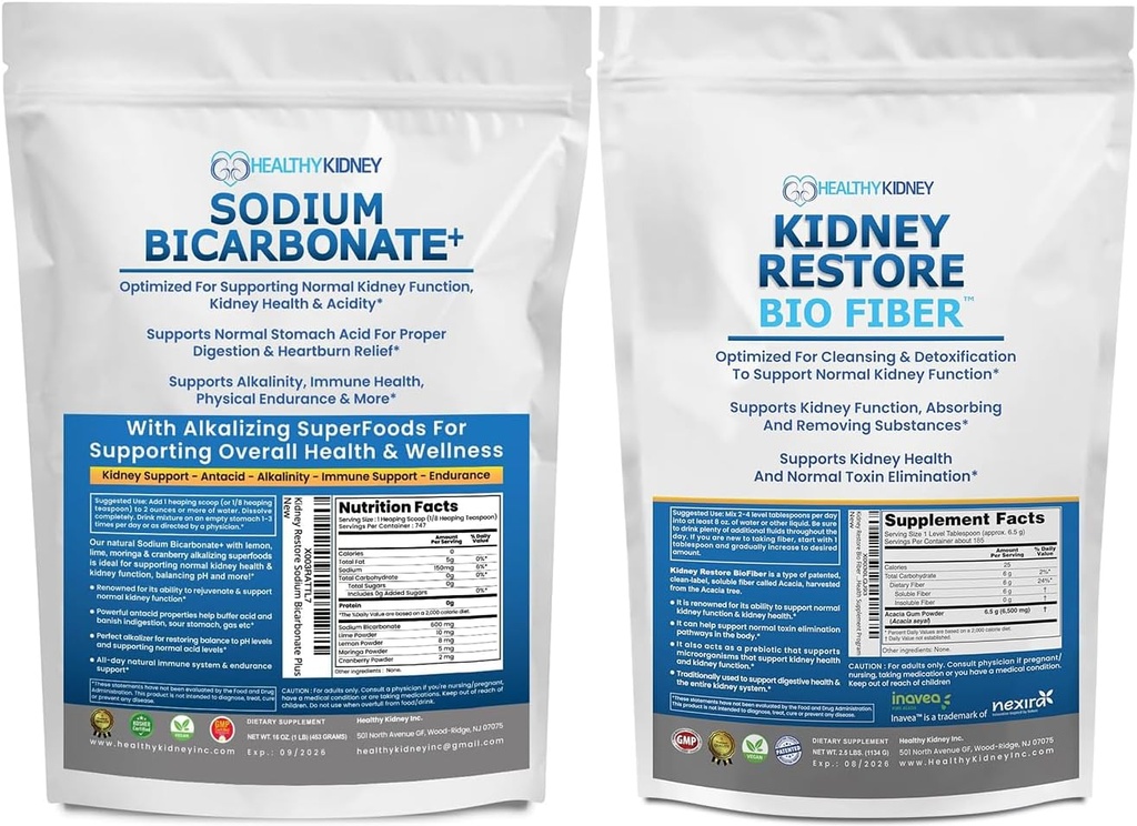 Organické bikarbonát sodný Alkalický doplnok 1.5LB & Bio Fiber Obličky Čistenie Detox 2.5 LBS Bundle 