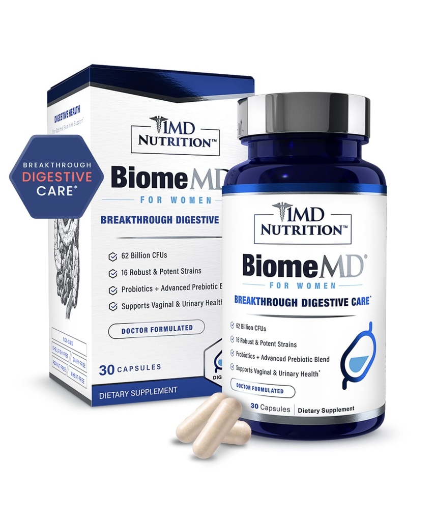 1MD Nutrition BiomeMD Probiotiká pre ženy - Denné prebiotiká a probiotiká pre ženy - Viac ako 60 miliárd CFU, 15 kmeňov - Ženy Probiotiká na podporu močového a vaginálneho zdravia - 30 kapsúl