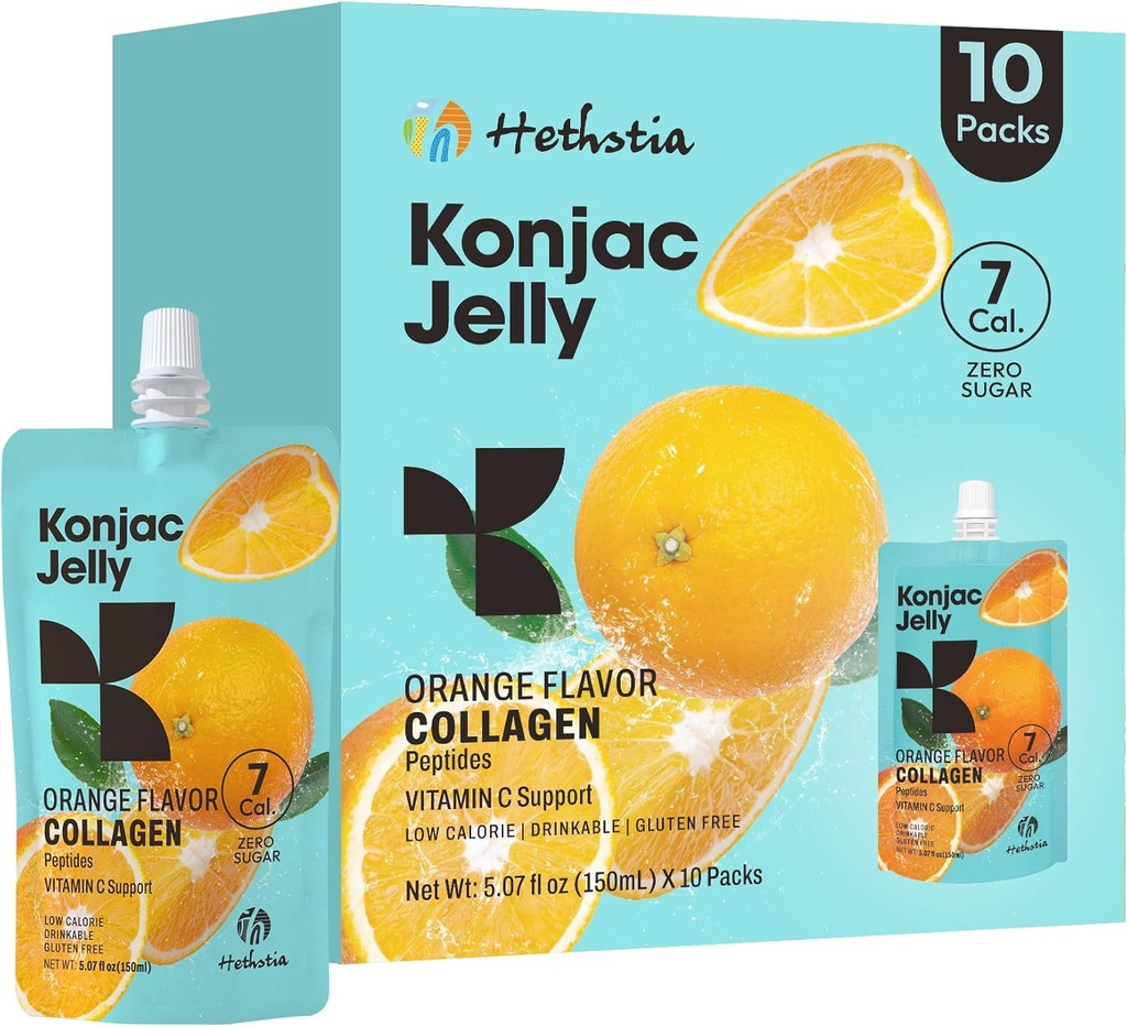 Hethstia Orange Konjac Jelly s kolagénovými Peptidmi, 10 Pouches Fruit Jelly Snacks, Low-Calorie Drinkable Jelly s vitamínom C, bez cukru, Keto, bezlepkové, On-The-Go Light Snacks