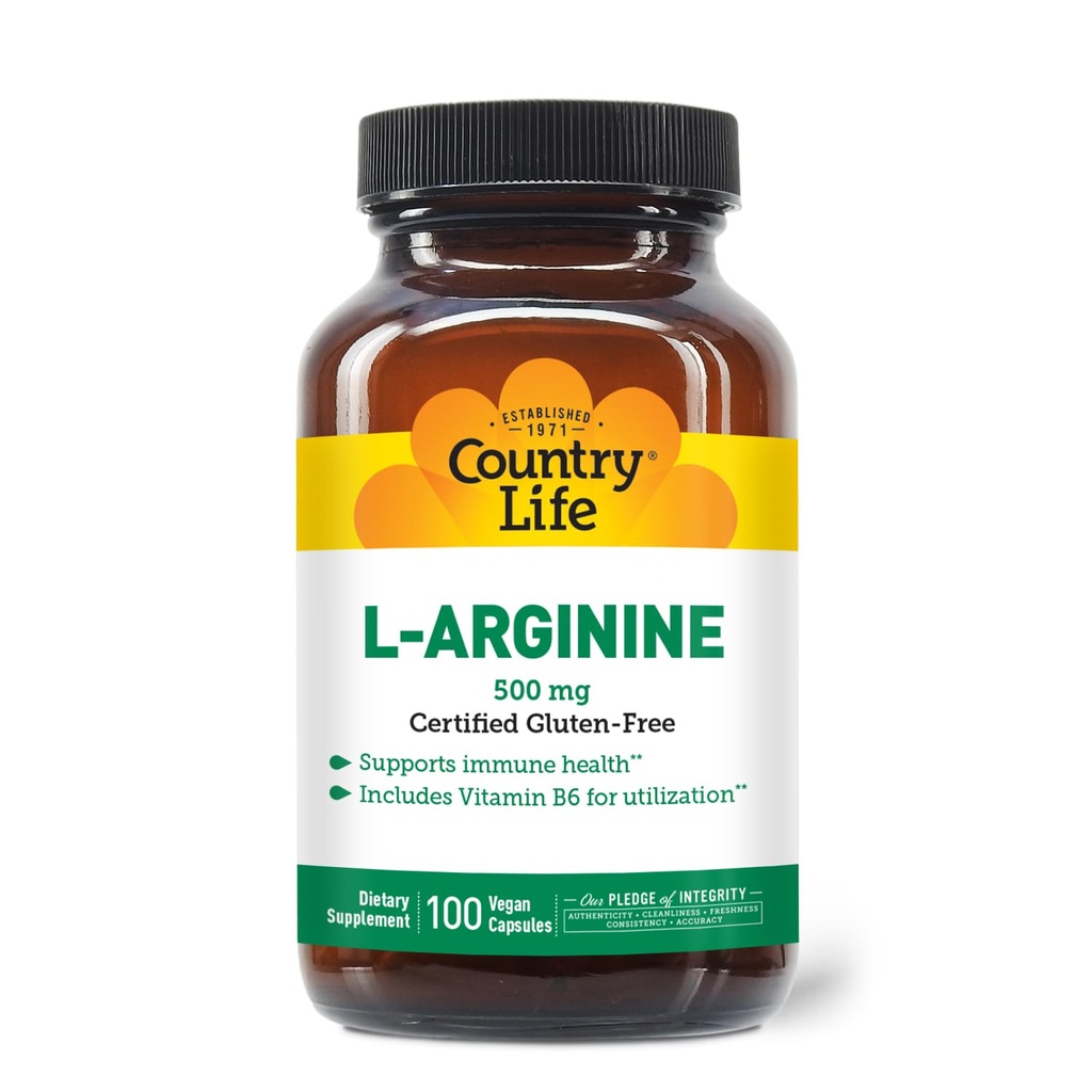 Country Life L-arginín Caps s vitamínom B-6, 500mg, 100 Vegan Kapsule, Certified Gluten Free, Certified Vegan