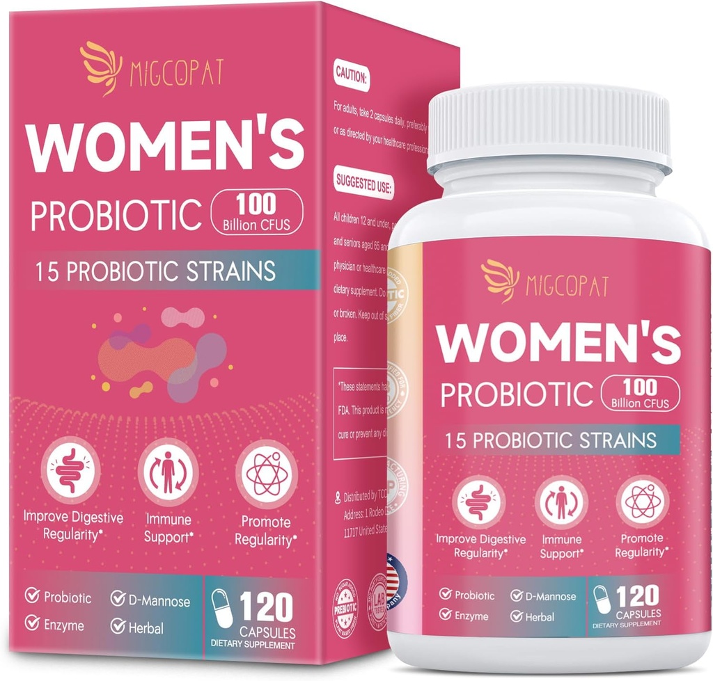 Probiotiká pre ženy, 100 miliárd CFU Ženy Probiotiká s prebiotikami, tráviacimi enzýmami, D-manóza a brusnicový extrakt na imunitnú podporu, vaginálne a močové zdravie, Digestívne vyváženie - 120 kapsúl