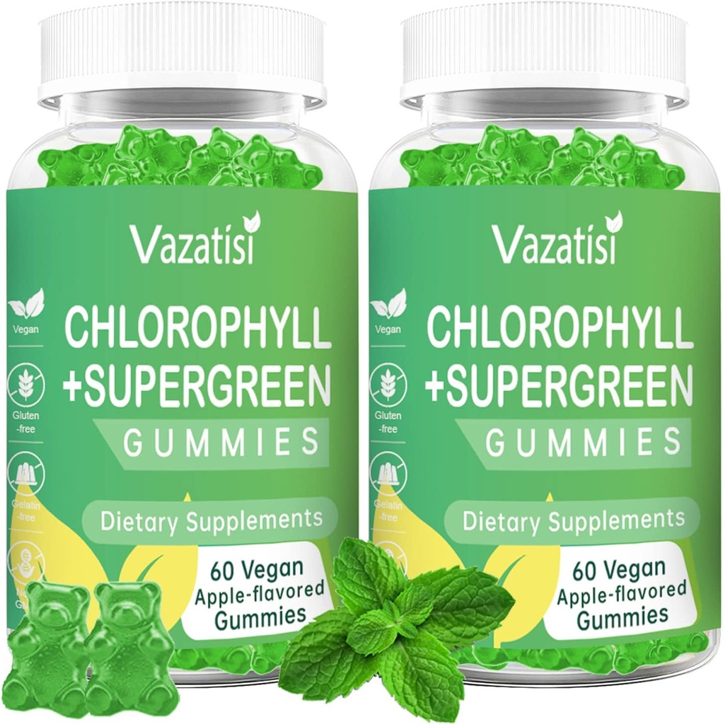 2 balenia Chlorofyl Gummies s organickými supergreens, prírodné antioxidant, Energy Boost, Immune Support, Digestion, starostlivosť o pleť, Ženy a muži, dospelí & Kid - 120 Vegan Organic Gummies