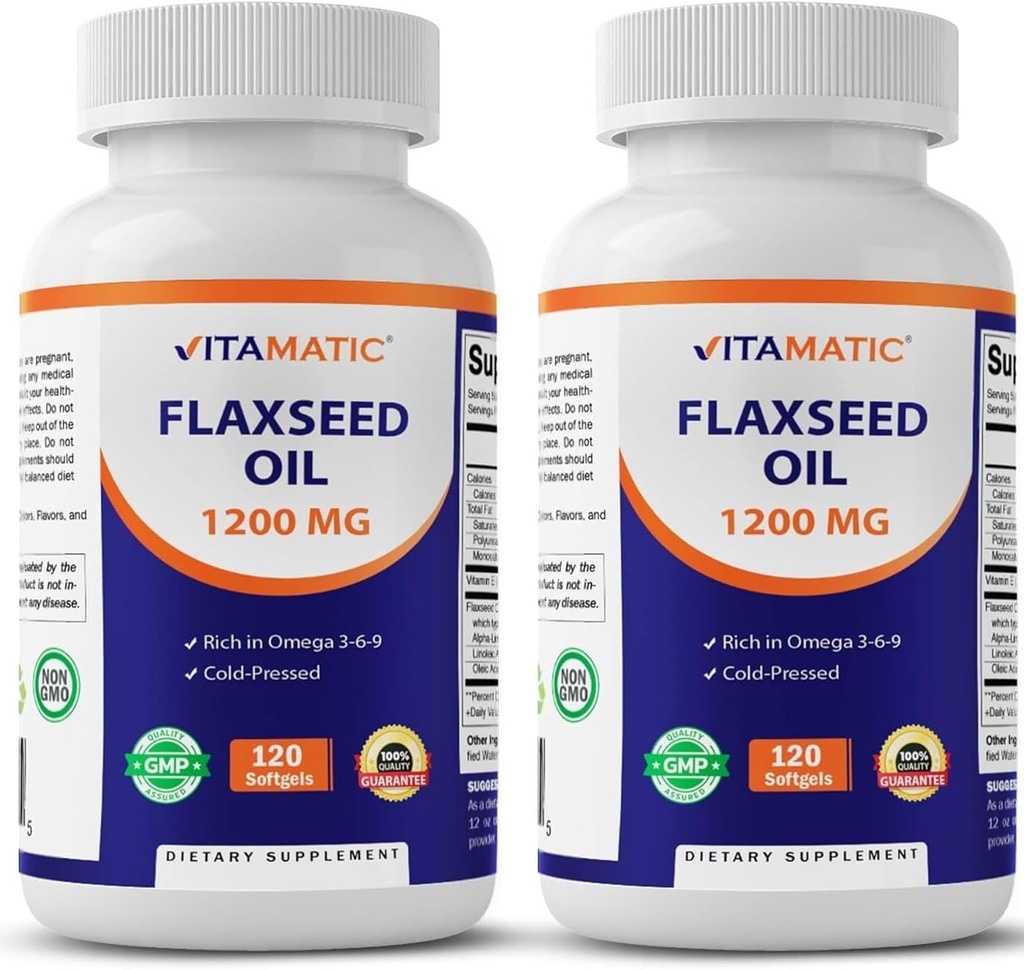 Vitamatic 2 balenie Ľanový olej 1200 mg 120 z Ľanového semena so studeným lisovaním - 675 mg ALA Omega 3 mastné kyseliny pre zlepšenie zdravia srdca
