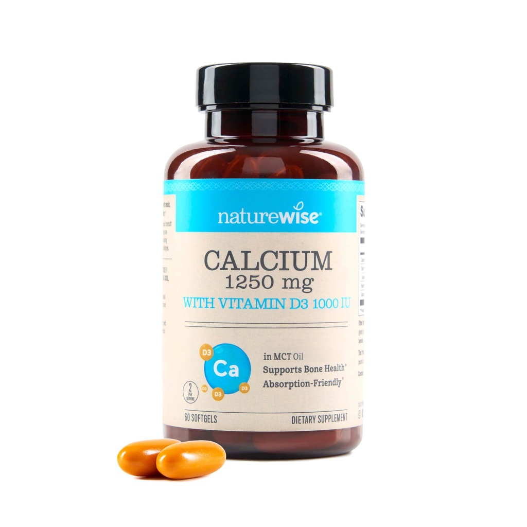 NatureWise High-Čistota, All-Natural Calcium 1250mg + Vitamín D3 1000IU + Organic MCT Kokosový olej - Tehotenstvo Bezpečné + Non-GMO - Absorpcia Priateľsky, Gluten Free - 60 Softgels[30-Deň dodávky]