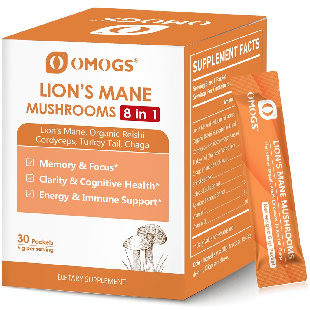 OMOGS Organic Mushroom Complex Extract Powder Blend Lion's Mane, Reishi, Chaga, Cordyceps, Turkey Tail, Support Cognition, Clarity, Focus & Mood, Brain Health, 30 Servings