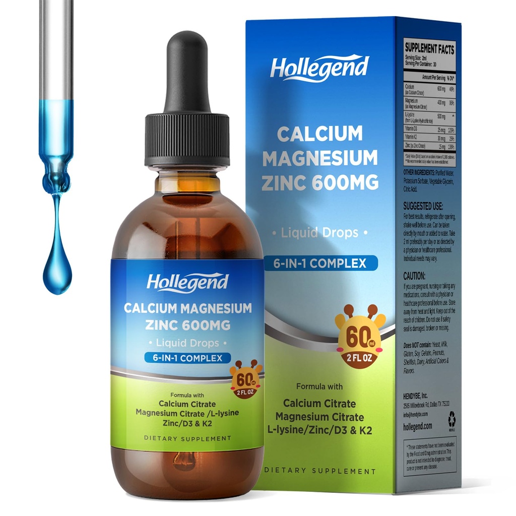 Tekuté kvapky citranu vápenatého s L-lyzínom 500 mg, horčíkom a zinkom, citran vápenatý 600 mg doplnok s vitamínom D3 a K2 pre deti a dospelých, 2 Fl Oz