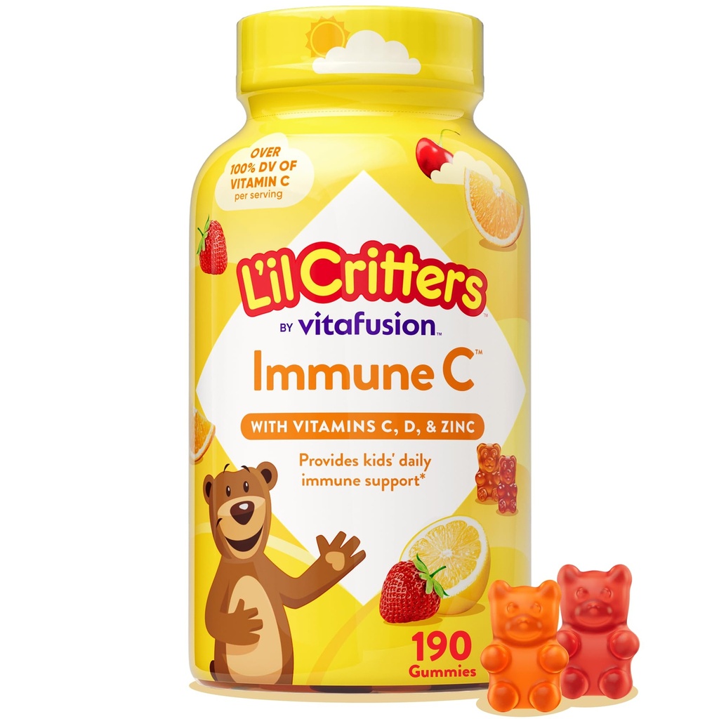 Lichil Critters Immune C Daily Gummy Supplement Vitamín pre deti, pre vitamín C, D a zinok pre imunitnú podporu, oranžová, citrónová, jahodová a čerešňové príchute, 190 Gumies (Backaging May Vary)