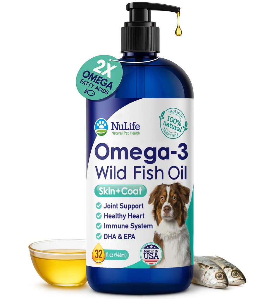 Tekutý rybí olej pre psy s Omega 3, 6 a 9 mastnými kyselinami, voľne žijúcimi chytenými z Islandu, kožnými a kozími doplnkami pre šedivenie, svrbenie kože, alergie, mozog a zdravie srdca, bohatý na EPA + DHA - 32 oz
