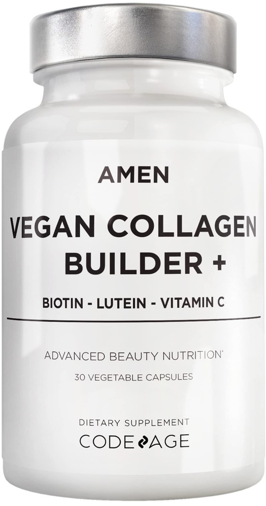 Amen Plant-Based Vegan Collagen Builder Supplement - Organic Whole Foods, Lutein, Vitamín C, Biotin, Lysin, Proline Collagen Boosters - Organic Cranberry, Lemon, Strawberry - Once A Day - 30 Kapsule