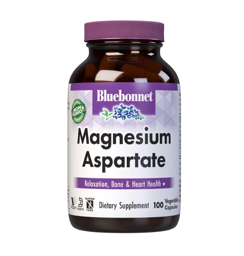 Bluebonnet Nutrition Magnesium 400 mg Chelated Magnesium Aspartate Daily Mineral, Heart & Bone Support* Supplement for Men & Women Vegan, Non-GMO - 100 Vegetable Capsules