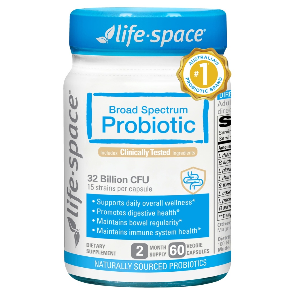 Life-Space Premium Broad Spectrum Probiotiká, 2 mesiace Slúžiť, 32 miliárd CFU & 15 Diverse Kmene, Formulated for Daily Digestive Health & Immune Health, Probiotiká pre ženy a mužov, 60 Veg Capsules