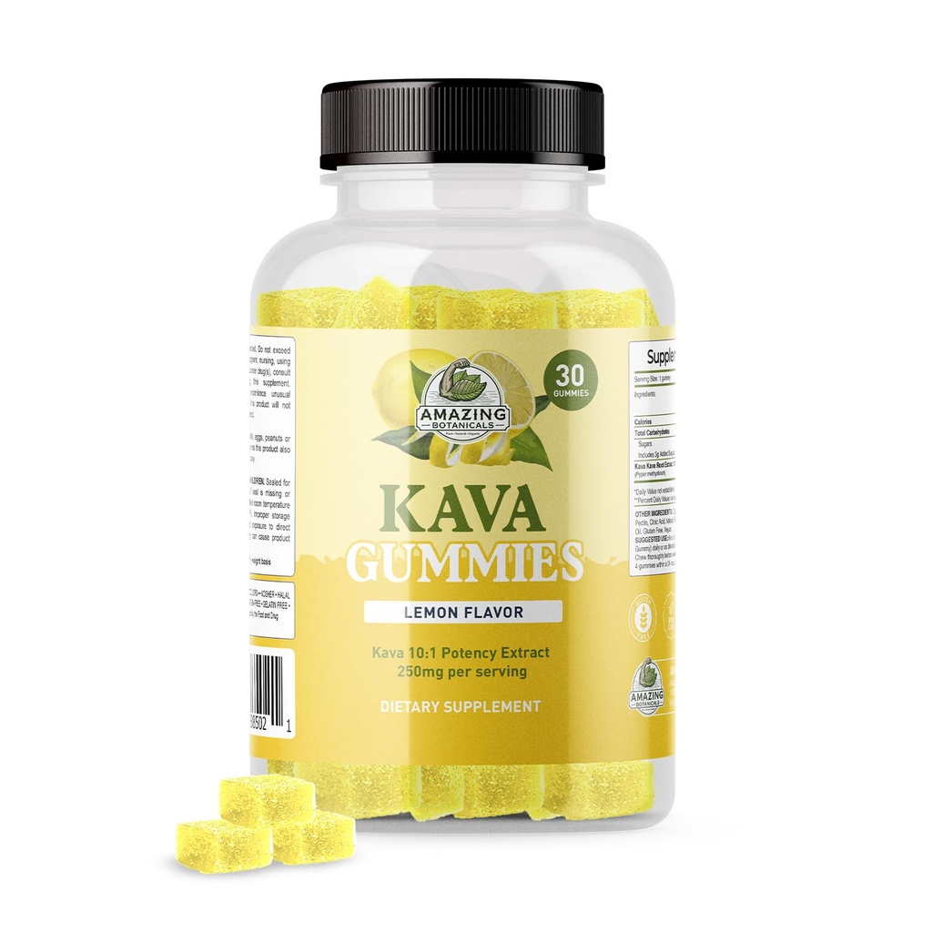 Amazing Botanicals Zelesty Lemon Kava Gummies - 250 mg per Gummy - Prírodná spánková pomôcka pre relaxáciu a odpočinok noci, non-GMO, Vegan, Gluten-free - 30 Gumies