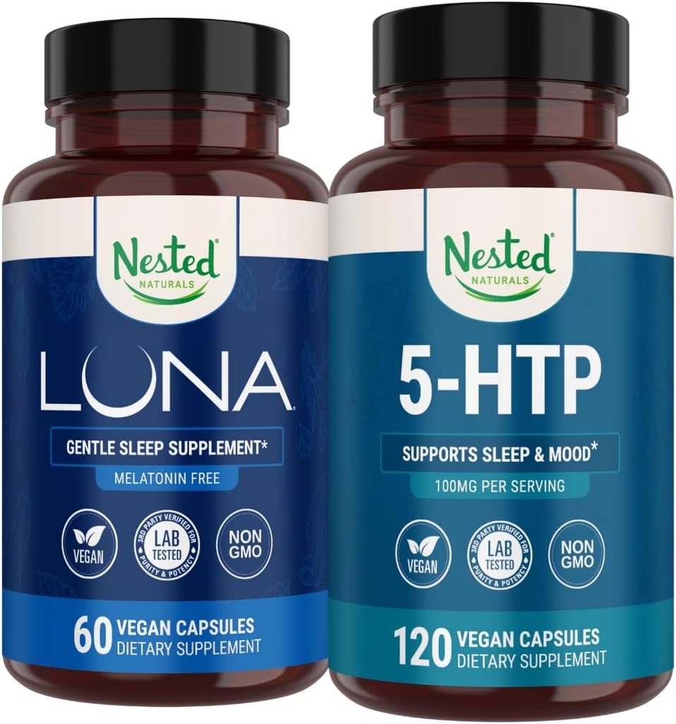 Nested Naturals Luna Melatonin-Free Sleep Supplement (60 Vegánskych kapsúl) & 5-HTP 100mg (120 Vegánskych kapsúl) od Zlepšenie spánku, relaxácie a nálady