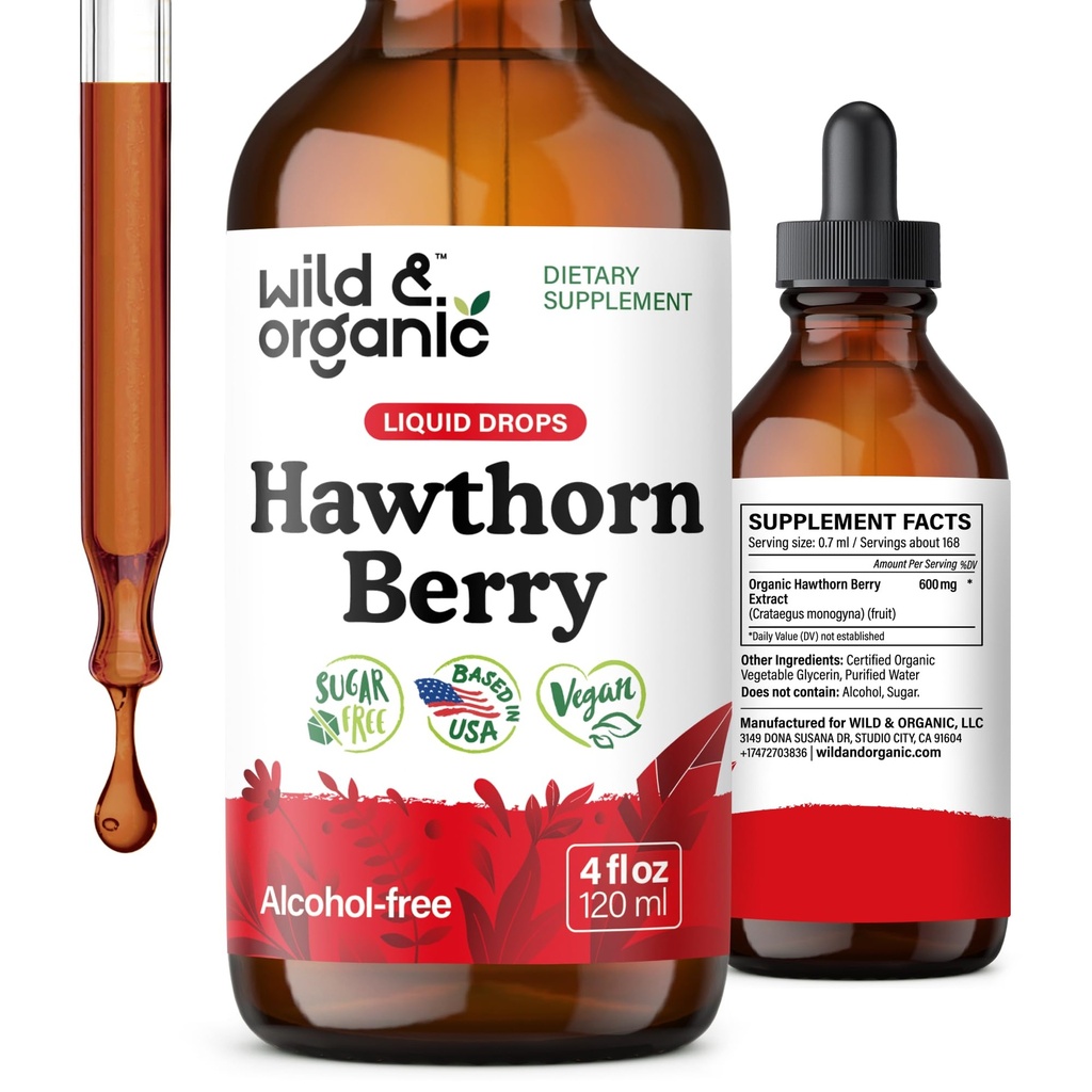 Wild & Organic Hawthorn Berry Tinture 600 mg - Liquid Hawthorne Berry Supplement for Celková podpora - Vegan, cukor a alkohol-free Fruit Extract Drops - 4 fl oz