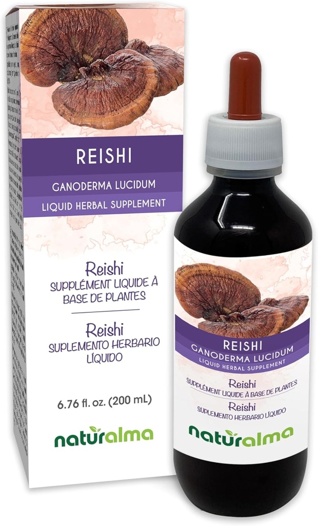 Naturalma Reishi (Ganoderma lucidum) Fungus alebo Huba Alkohol-Free Tinture - 6.76 fl oz Liquid Extract in Drops - Bylinné doplnky - Vegan