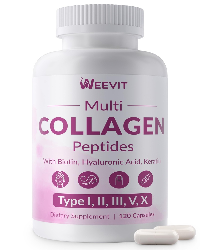 WEEVIT Collagen Peptides for Women, Hydrolyzed Collagen Capsules - Type I, II, III, V, X - 1500mg Multi Collagen with Biotin, Hyaluronic Acid, Keratin, Vitamin C