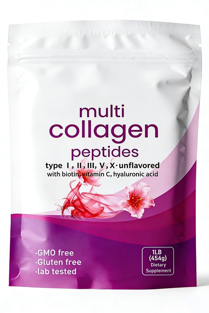 Multi Collagen Peptides Powder — 16 oz Full Spectrum Types I, II, III, V & X with Biotin, Hyaluronic Acid and Vitamin C for Women & Men — Non-GMO Formula