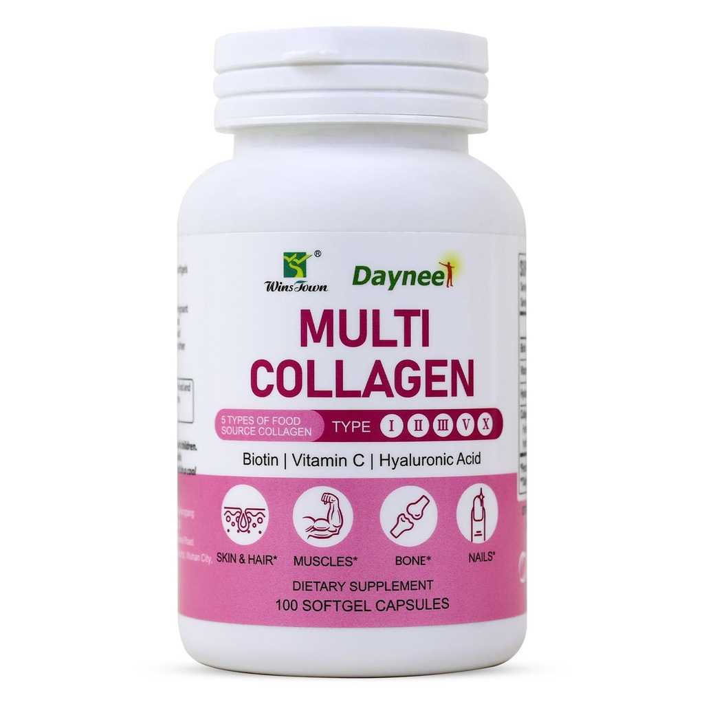 Multi Collagen Peptides Softgels - Type I, II, III, V, X with Hyaluronic Acid, Vitamin C & Biotin, Supports Skin, Hair, Nails, Bones & Muscles, 100 Softgels