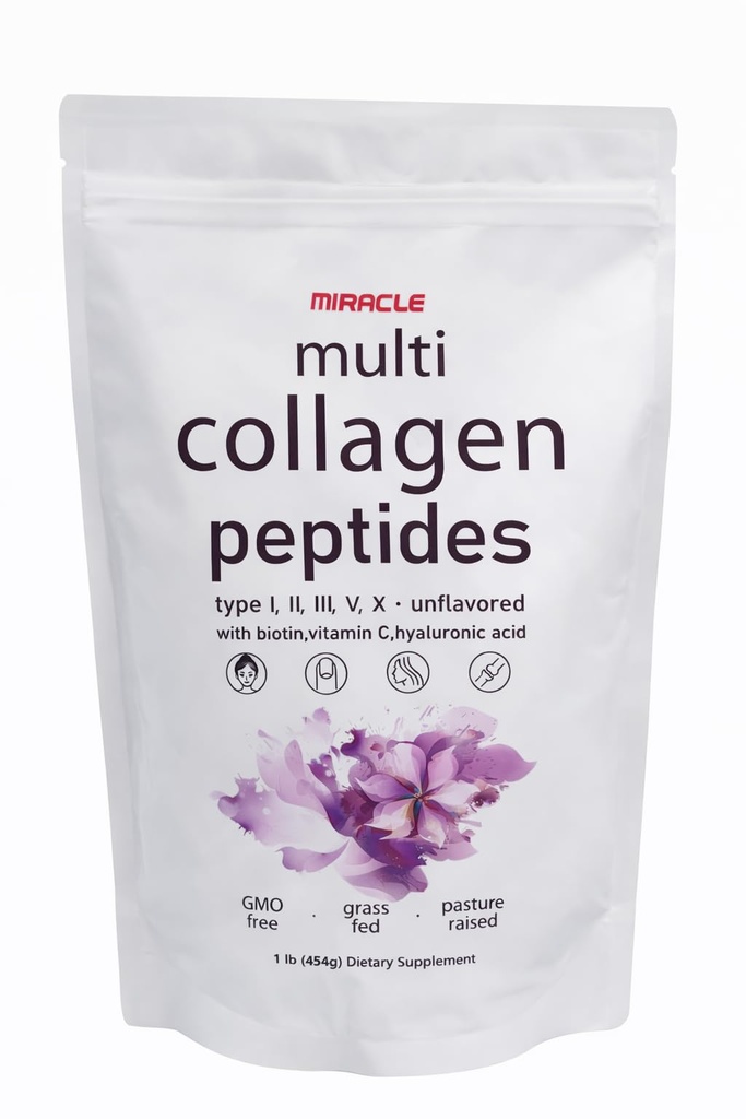 Miracle Multi Collagen Protein Powder, 1 Pound – Types I, II, III, V, X with Biotin, Hyaluronic Acid, Vitamin C – Unflavored Collagen Peptides – Keto & Paleo