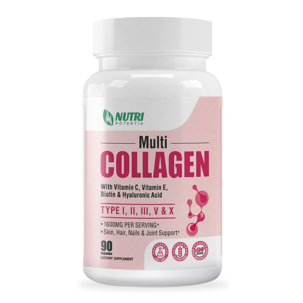 Multi Collagen Peptides Capsules, Type I, II, III, V, X with Vitamin C, E & Hyaluronic Acid | Hair, Skin, Nail & Joint Support | Unflavored, Non-GMO, Easy to Swallow - 90 Count