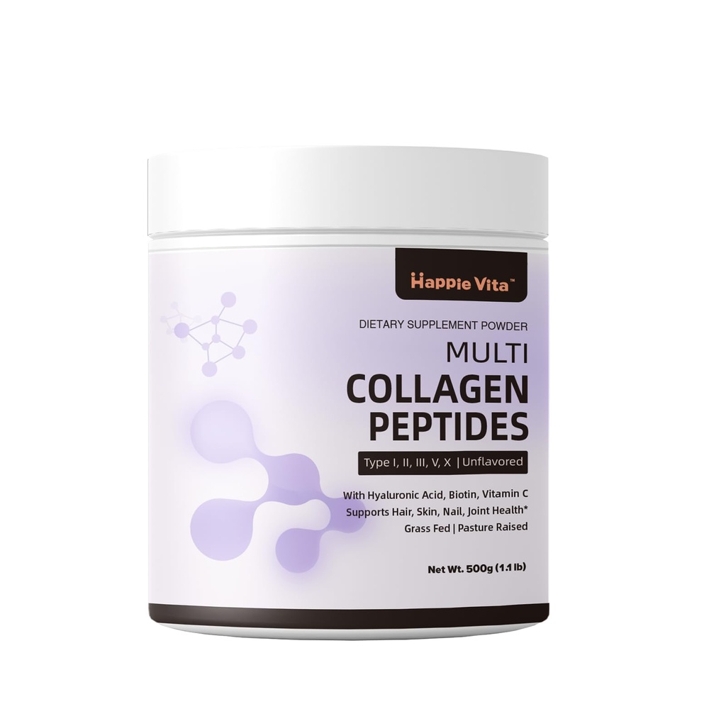 Multi Collagen Peptides Powder, 5 Types (I, II, III, V, X) Collagen Protein Powder with Biotin, Hyaluronic Acid, Vitamin C, Grass-Fed & Pasture-Raised, Keto, Paleo, Unflavored 1.1 lbs