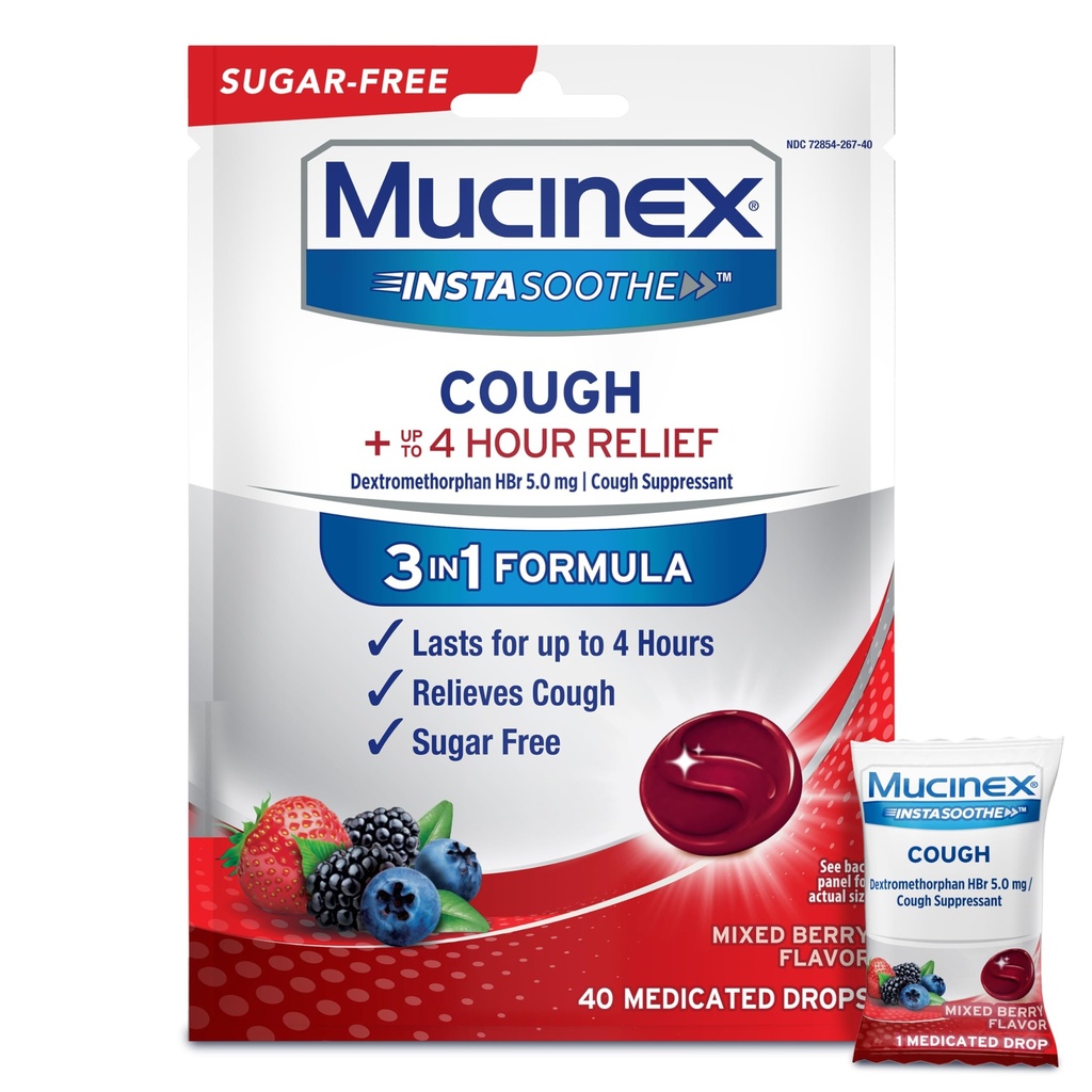 Mucinex Instasoothe Sugar Free Cough Drops, Cough Medicine for Adults with Dextrometorfan HB, Non Menthol Cough Drops, Cough Supressant Lozenges, Mixed Berry Medied Cough Drops, 40ct