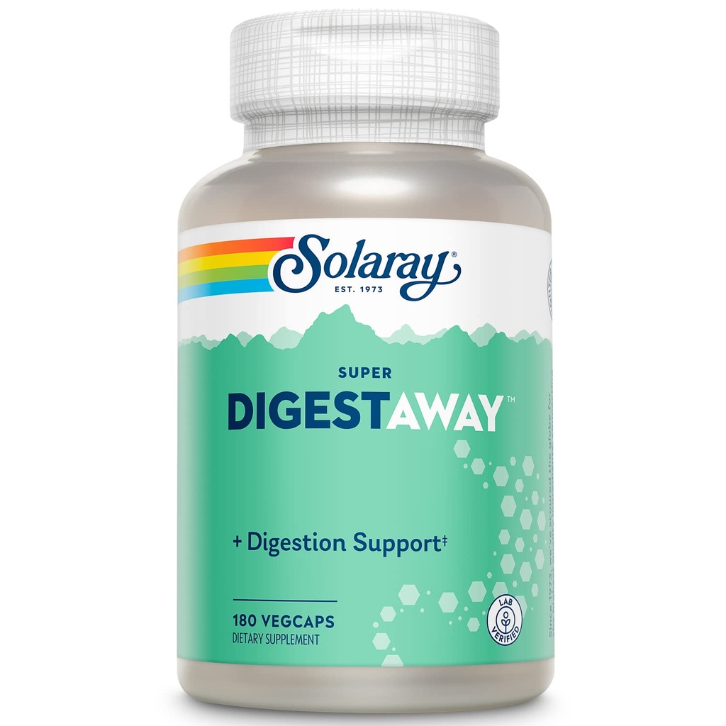 SOLARAY Super Digestaway Digestive Enzymes - Pankreaten, Papain, Ginger, Pepsin, Betaine HCl, Aloe Vera a viac - Podpora trávenia a absorpcie živín - Lab Overené - 180 VegCaps