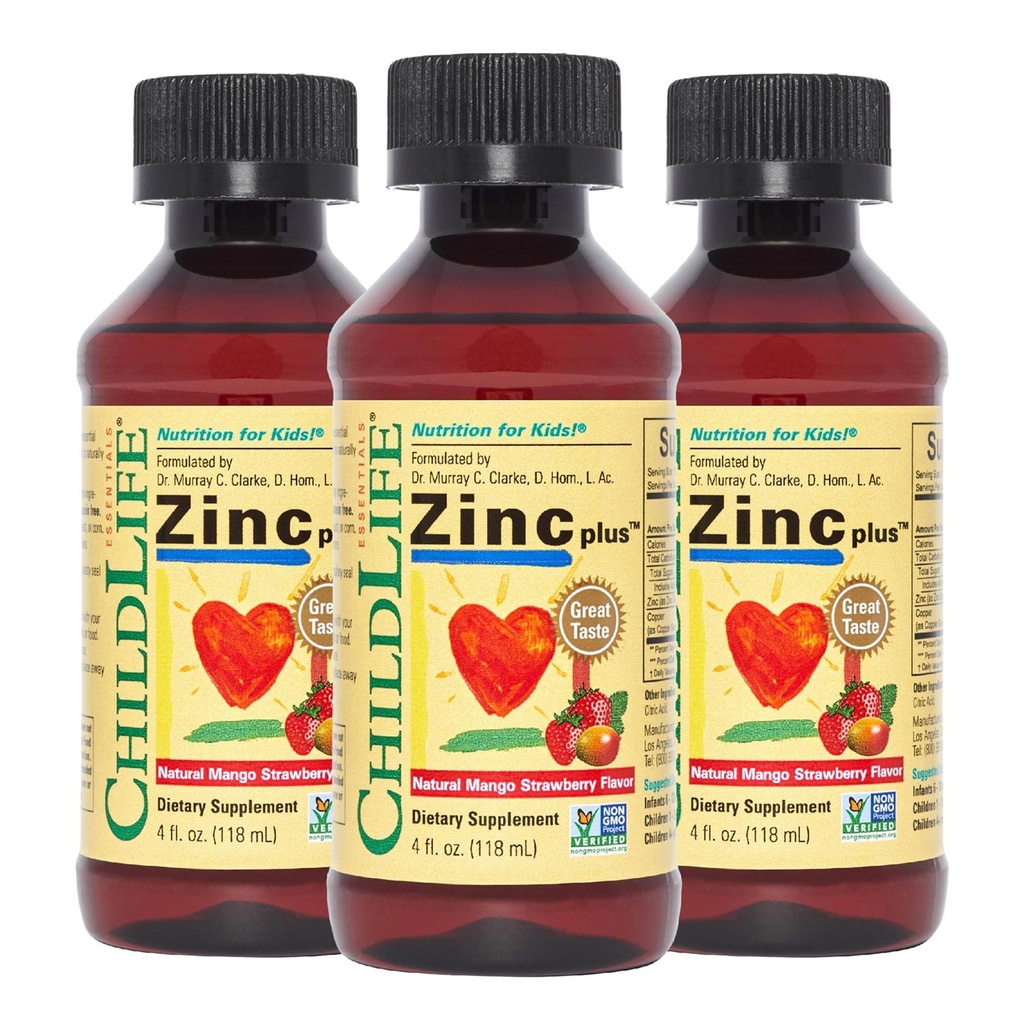 CHILDLIFE ESSIENTS Liquid Zinok Plus pre deti a batoľa - Liquid Supplement Drops, Zinkový glukonát a meď pre imunitnú podporu - Mango Strawberry, 4 Fl Oz (Pack of 3)