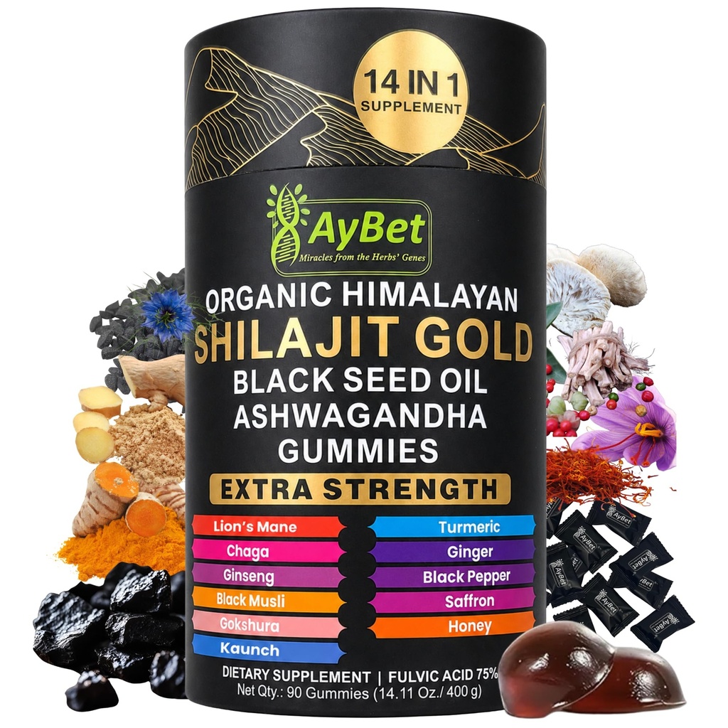 Organic Himalayan Shilajit Gold Gummies for Men and Women, Black Seed Oil, Ashwagandha, Ginseng, Turmeric, Gokshura, Lion's Mane, Lab Tested, No Sugar Added, Halal, 90Gummy