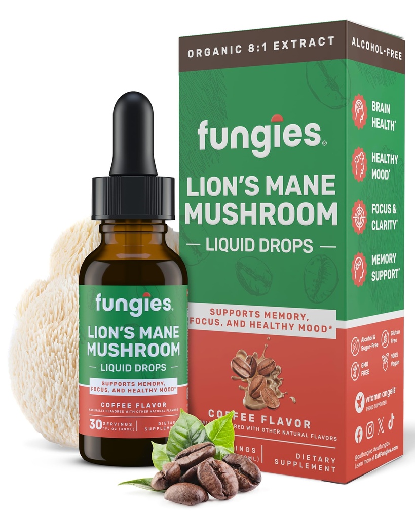 Huby Lion's Mane Mushrom Liquid Drops, Káva - Tinture with Lions Mane Extract podporuje Mozog hmla, Zameranie, pamäť a zdravá nálada - Hubové komplex doplnok pre dospelých - 30 Slúži