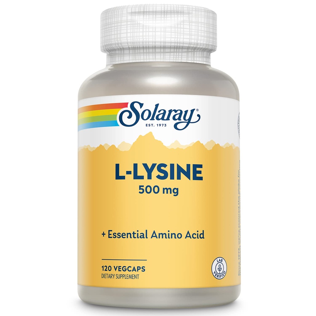 SOLARAY L Lysin 500 mg Kapsule - Free-Form Essential Amino Acides Supplement - Výkonný Wellness Support with L-Lysine Amino Acid - Lab Overené, 60-dňová záruka, 120 Servings, 120 VegCaps
